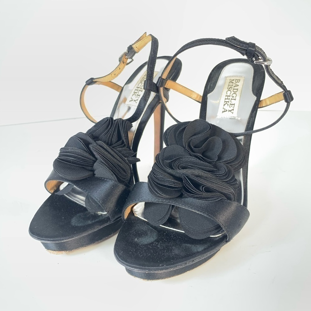 Badgley Mischka Black Satin High Heel Peep Toe 7.5